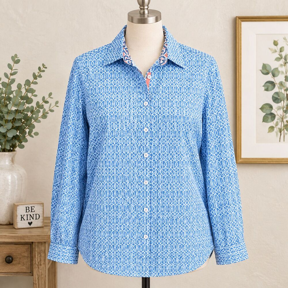 Tizzie Turquoise Blue White Geometric Print Button Front Shirt Large